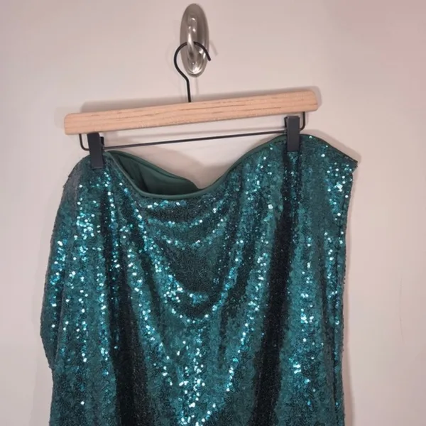 ELOQUII Sequin Midi Skirt 28 Emerald Teal Green Elastic Waist Side Slit Party - Image 5