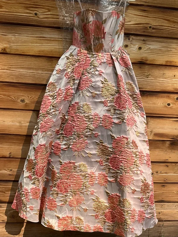 MAC DUGGAL 69169 Pink Strapless Floral Brocade Ball Gown With Pockets Size 2 - Image 10