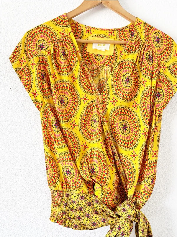 Anthropologie Maeve Yellow Multicolor Boho Wrap Tie Resortwear V-Neck Blouse Top - Image 3