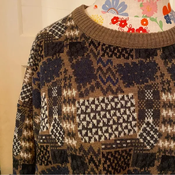 80s Patterned Sweater Green Size L - Image 2