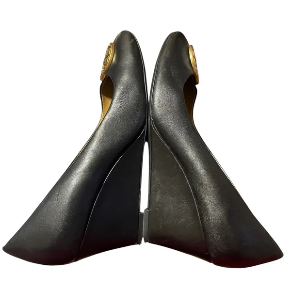✨ Tory Burch Black Leather Wedges – Size 7.5 – Gold Logo ✨ - Image 3
