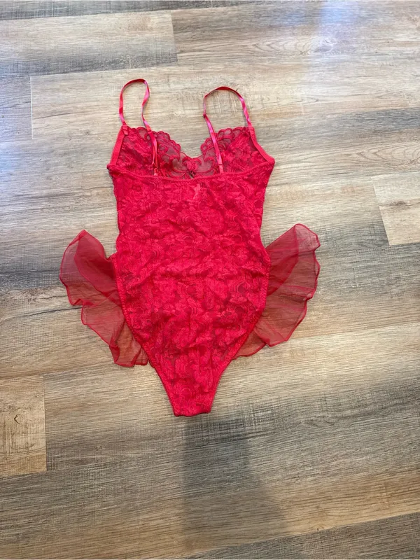 Lace Ruffle Red Teddy Bodysuit with Sheer Details - Image 2