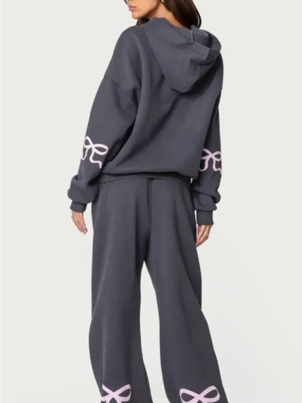 Edikted Pink Bow Matching Set Dark Grey Hoodie & Wide Leg Sweatpants Coquette - Image 2