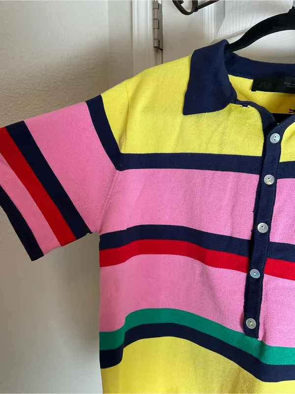 NWT Zara Multi-Stripe Short Sleeve Knit Polo Sweater Top Yellow Pink Blue Large - Image 5