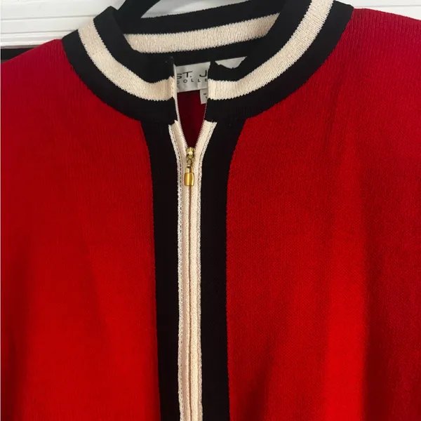 St. John Collection Red Knit Open-Front Jacket with Black and Cream Trim - Image 8