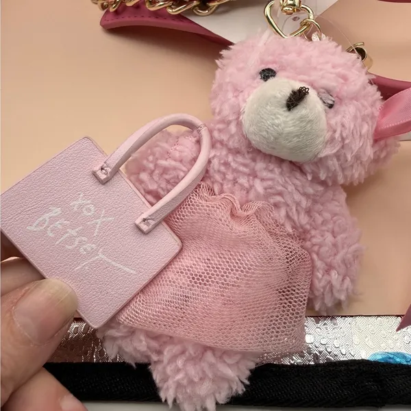 Betsey Johnson Pink Red‎ Sequin Houndstooth Crossbody Bag Teddy Bear Charm NEW - Image 6