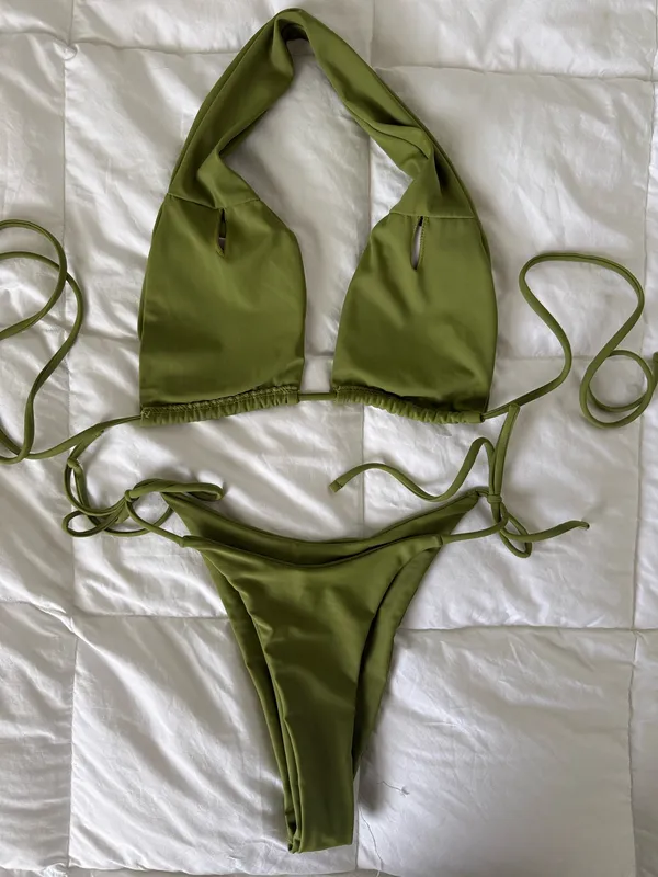 Olive Green Halter Top Bikini Set Small - Image 4