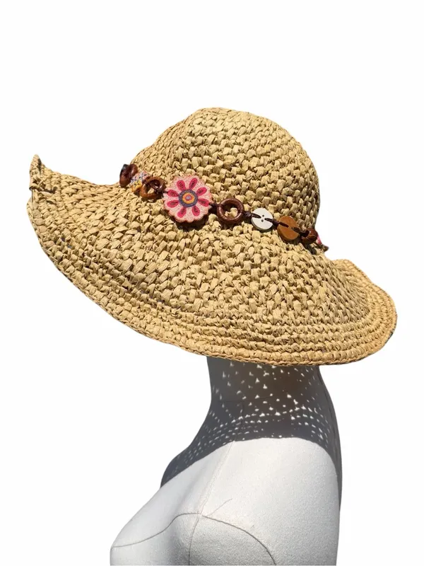 Lucky Brand Wide Brim Straw Hat One Size Floral Beaded Boho Sun Hat Festival - Image 5