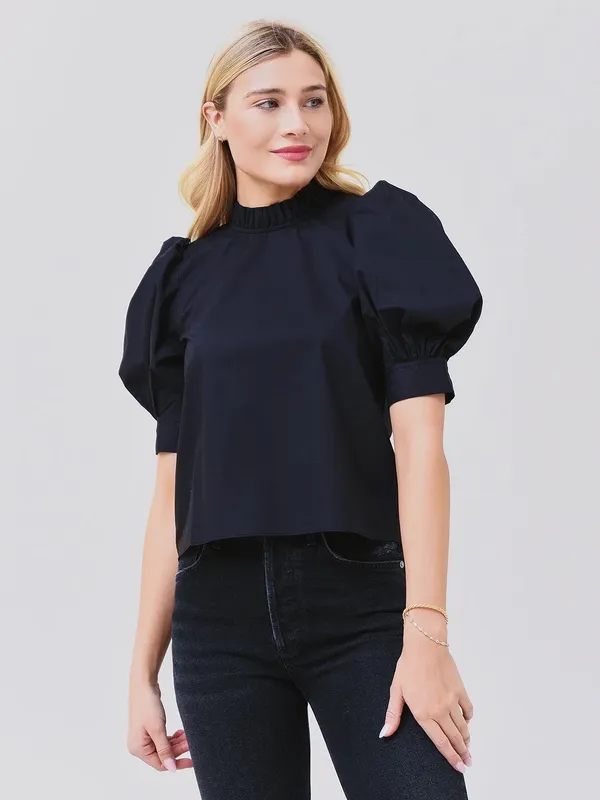 Hunter Bell Stella Top Black Puff Sleeves Ruffle Neck Poplin Blouse Size M - Image 8