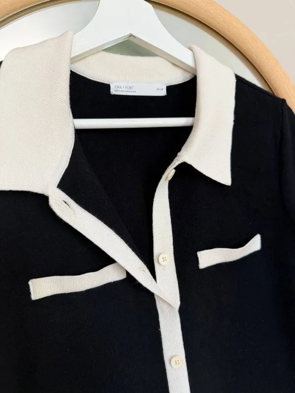 OAK + FORT Collared Contrast Trim Knit Mini Dress Black White M - Image 7