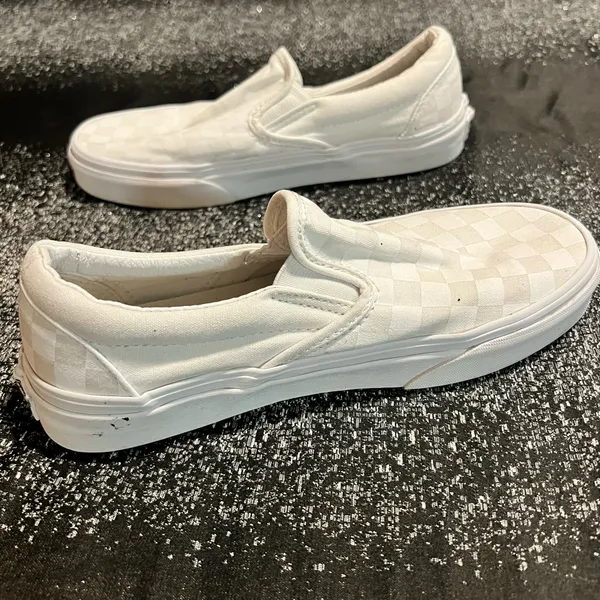 Womens 7 Vans Classic Slip On Checkerboard True White Canvas Sneakers - Image 3