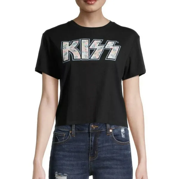 KISS Embroidered flowers logo Cropped T Shirt Size S, M Black - Image 2