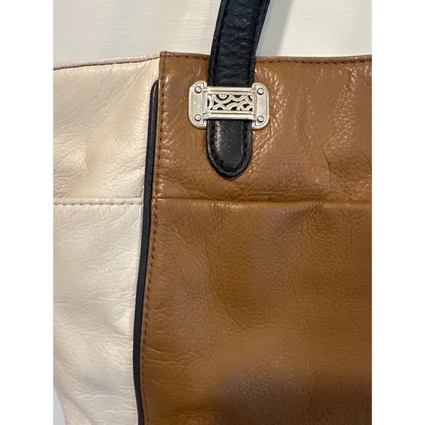 Brighton Tri-Color Leather Tote Bag Brown Cream Black Heart shoulder purse - Image 5