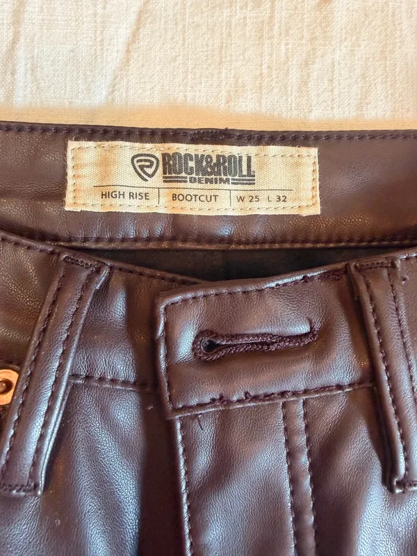 Rock & Roll Denim High Rise Bootcut Faux Leather Pants Deep Chocolate Brown W25 L32 - Image 3