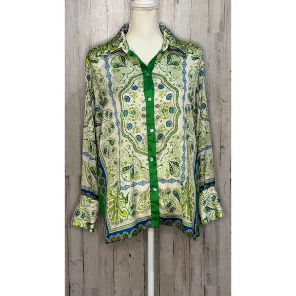 Zara Women's Paisley Print Button-Up Blouse Green Blue‎ Size Small - Image 2