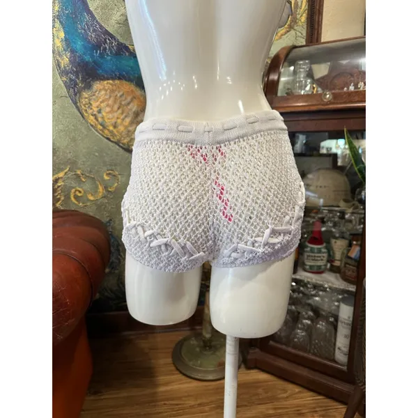 Sugar Thrillz Dolls Kill Crochet Knit Shorts Ivory Cream Cotton Boho Festival M - Image 4