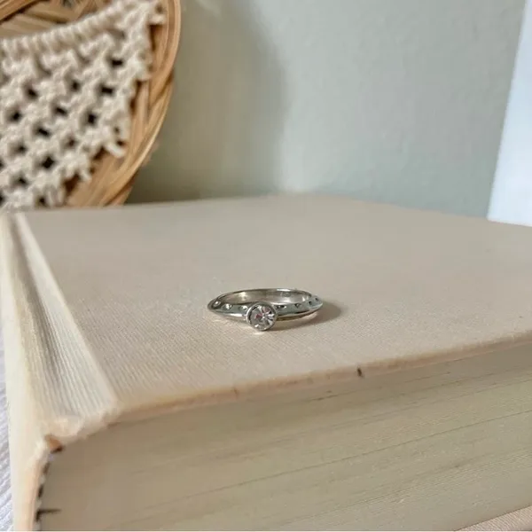 Bezel Silver Knife Edge Diamond Ring Vintage “Tamsin” Inset Simple Stacking Jewelry - Image 5