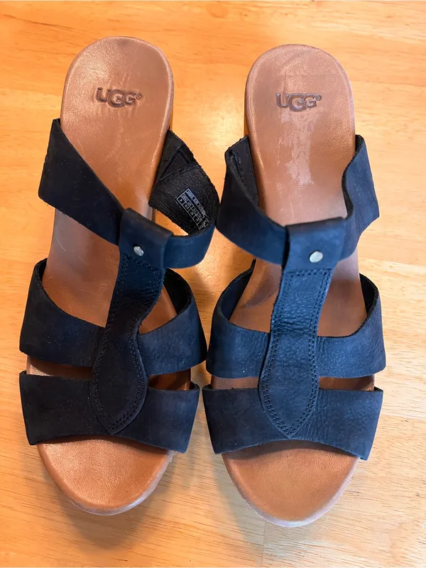 UGG Black Suede Studded Wood Block Heel Sandals - Image 3