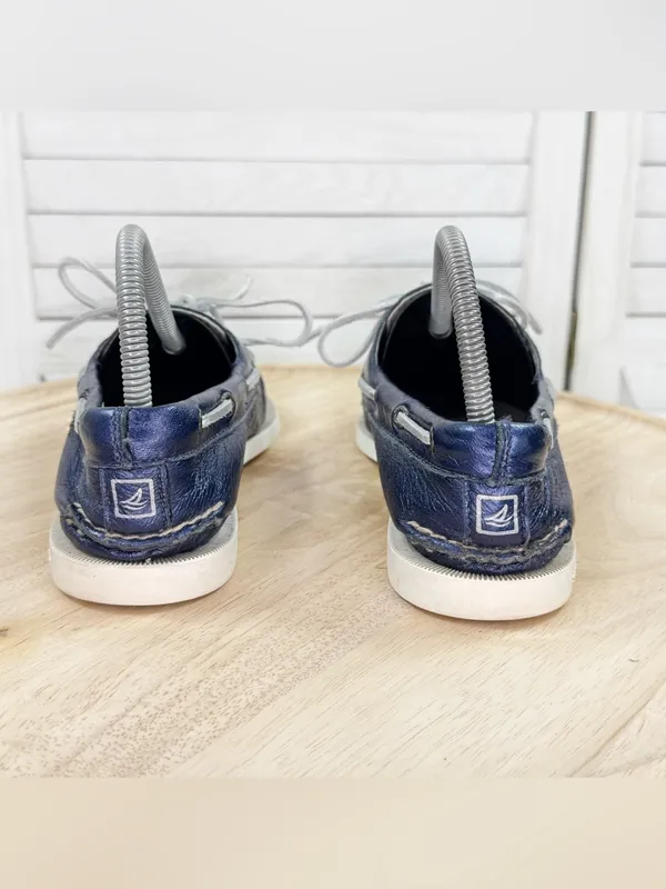 Sperry Top Sider Leather Boat Shoe Metallic Navy Blue Women Size 8 Slip On - Image 6
