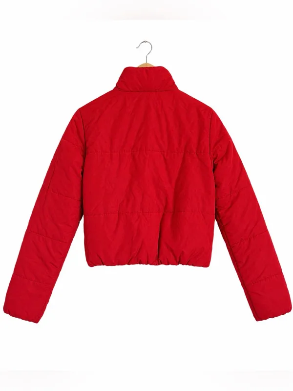 Guess Puffer Jacket Y2K Red Cropped Streetwear Quilted Zip Up Size Small - Image 3