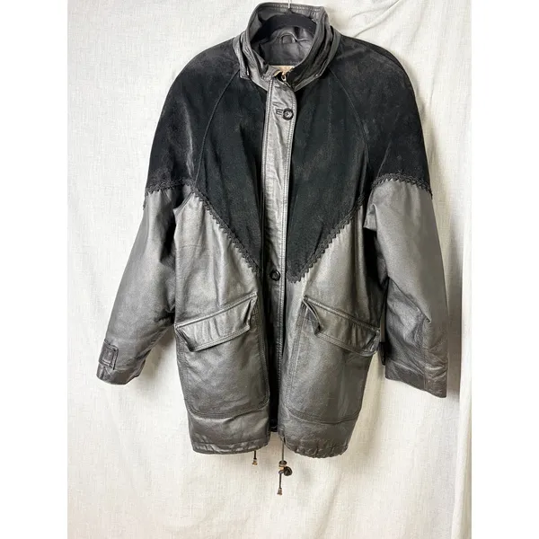 Vintage Comint‎ Mixed Leather Suede Coat 1X Oversized Drawstring Black - Image 7