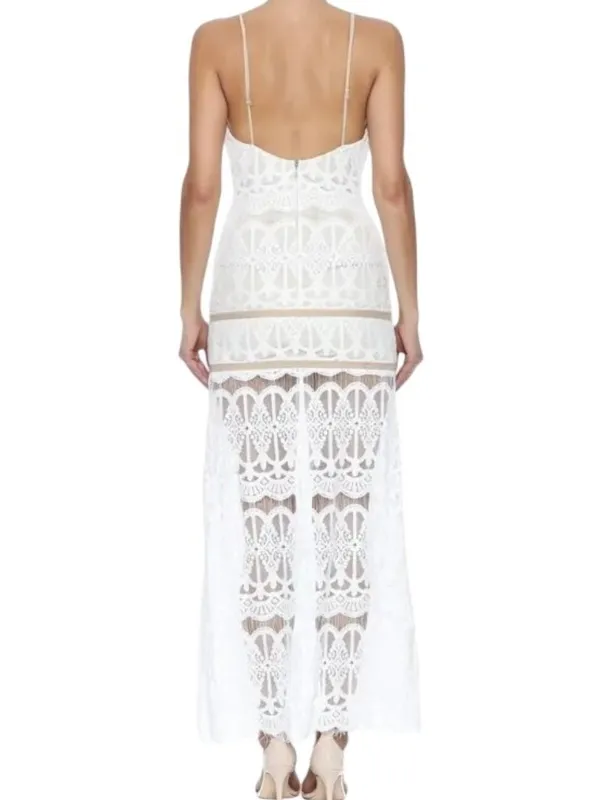 Ecru Split Front Lace Maxi Dress M Cage Spaghetti Straps Prom Beach Wedding - Image 2