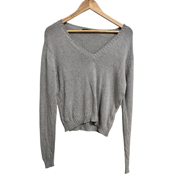 Brandy‎ Melville Gray V Neck Long Sleeve Cotton Sweater one size - Image 2