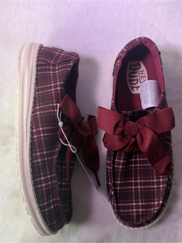 Hey Dude Kids Burgundy Plaid Slip-On Sneakers - Image 5