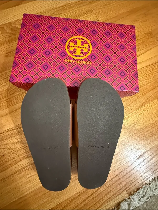 TORY BURCH Patos Disc Nappa Leather Platform Slide Sandals Size 7 M Burnt Cuoio - Image 9