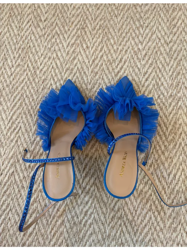 Like New! Andrea Wazen Blue Tulle Ruffle Ankle-Strap Stiletto Heels | Size 36.5 - Image 2
