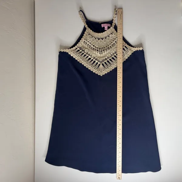 Lilly Pulitzer Pearl Soft Shift Dress Size 6 Navy Gold Metallic Classic Preppy - Image 9