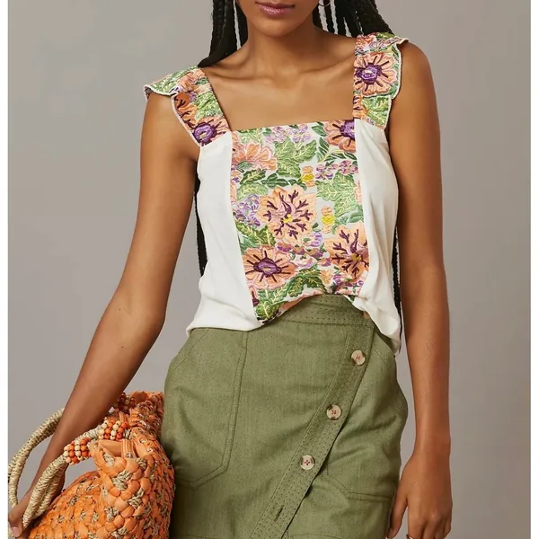 Anthropologie Tiny Marin Floral Embroidered Tank Top M Ruffle Strap Cotton - Image 11