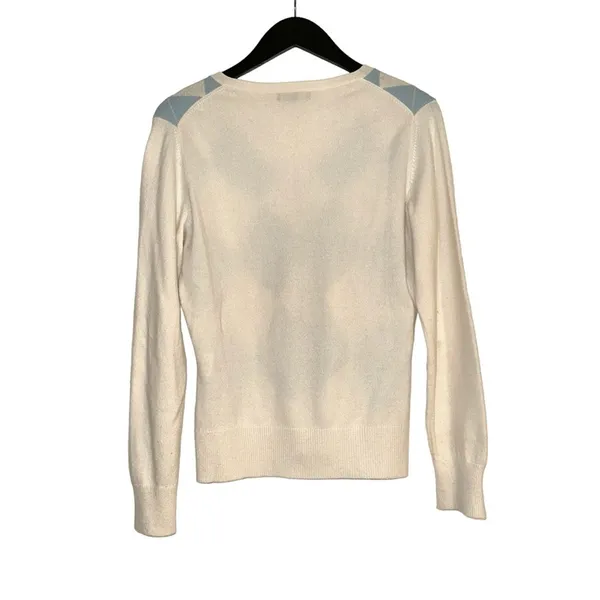 Lands End Cashmere Argyle V-Neck Cream Blue Sweater SMALL - Image 2