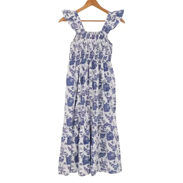 THML Floral Smocked Midi Dress Womens Size XS Blue White Ruffle Tiered Smocked - Image 2