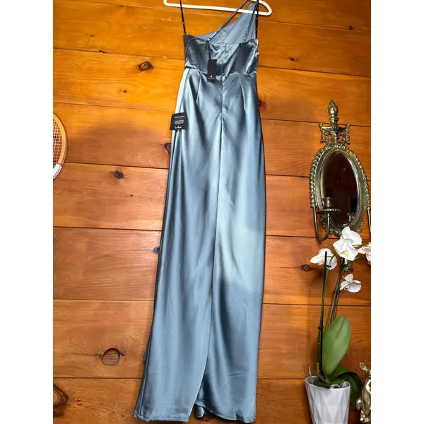 Lulus Signature Elegance Slate Blue Satin One-Shoulder Maxi Dress Holiday XSmall - Image 6