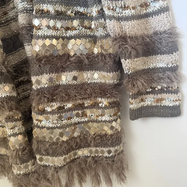 Chico's Cardigan Womens M Greta Sweater Neutral Patterned Sequin Metal Boho - Image 6