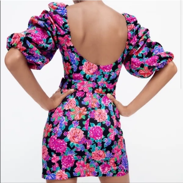 ZARA | BLOGGER FAVE Floral Print Belted‎ Puff Sleeve Square Neck Mini Dress - Image 2