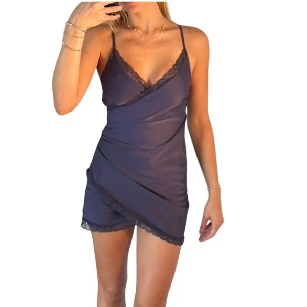 Urban Outfitters Lace Trim Satin Slip Dress Blue‎ Cinched Mini Romantic Size S - Image 7