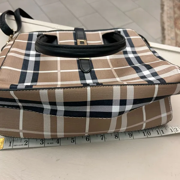 Purse Plaid Satchel Handbag with Black Trim - Taupe Plaid Satchel - Image 3
