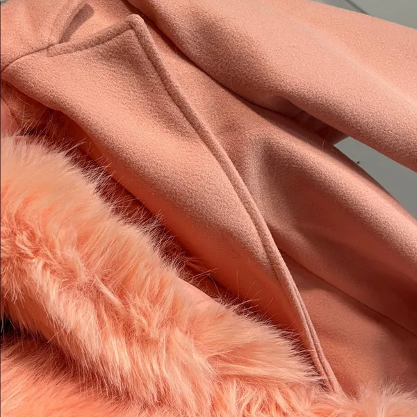 NEW - Dusty Peach Chic removable Faux Fur Collar Coat gold buttons belt pocket - Image 6