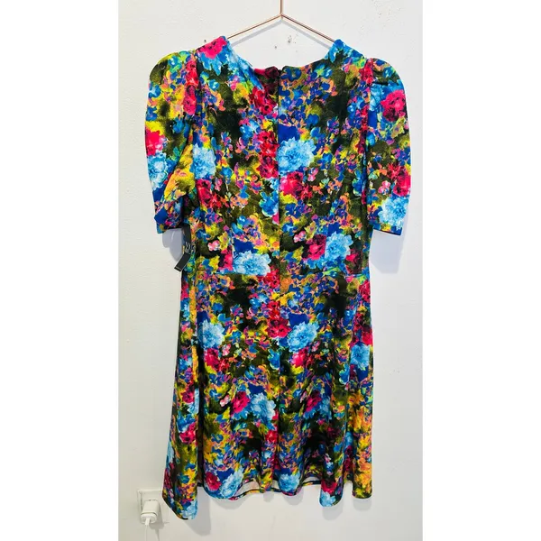 New York & Co Multicolor Floral V-Neck Puff Sleeve Belted Fit & Flare Midi Dress - Image 3