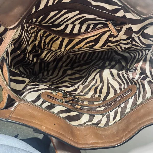 Kate Landry Brown Leather Tote Bag Whipstitch Zebra Print Western Boho - Image 6