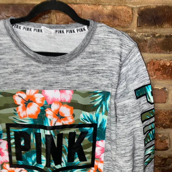Victoria's Secret PINK Gray Tropical Graphic Lightweight Sweatshirt Size Medium - Image 3