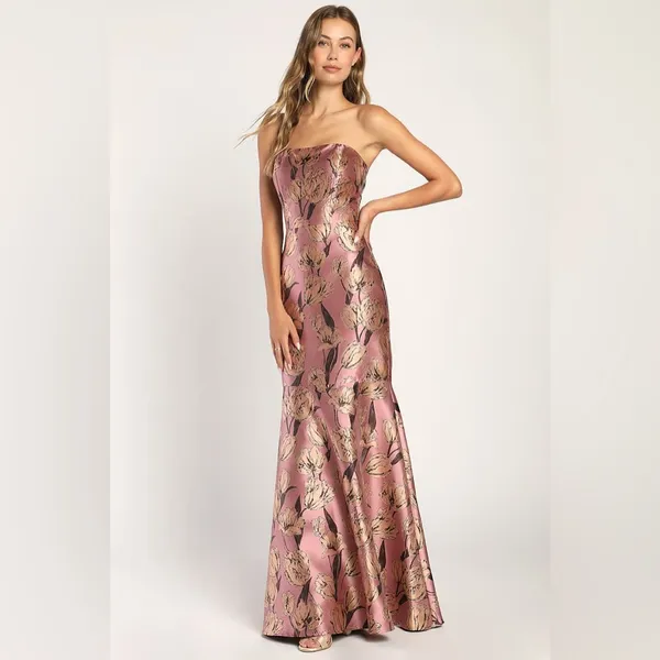 LULU’S Gowning Around Mauve Floral Jacquard Strapless Maxi Dress - Image 5