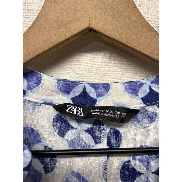 Zara Floral Linen Blend Shirt Dress Sz M Blue Geometric Artsy‎ Button Front Boho - Image 6