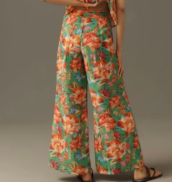 Farm Rio Tie-Front Linen Blend Floral Wide-Leg Pants, Size S - Image 3