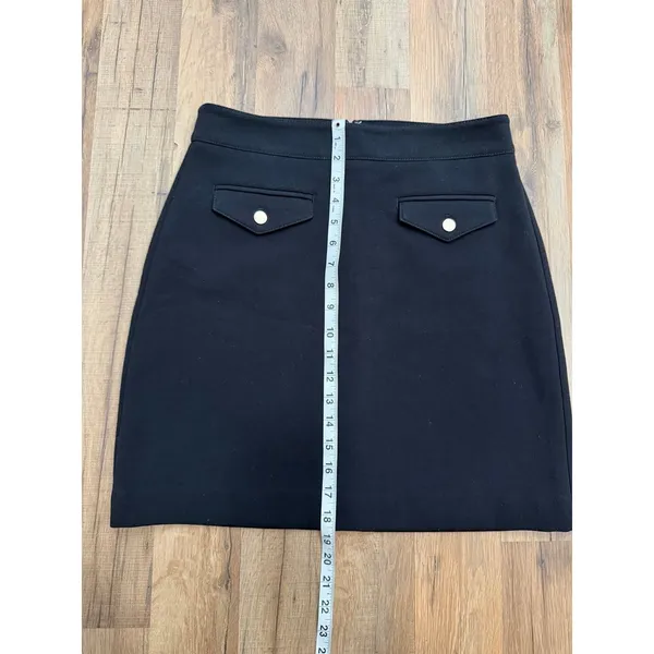 LOFT Black Pencil Skirt Size 4 Petite Gold Button Back Flap Detail - Image 6