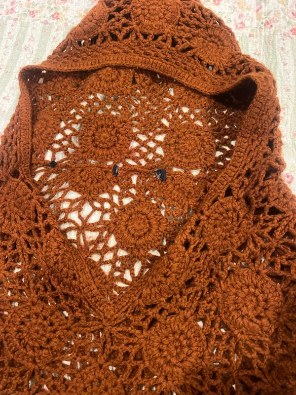 Handmade Crochet Hooded Poncho - Rust Brown - Image 3
