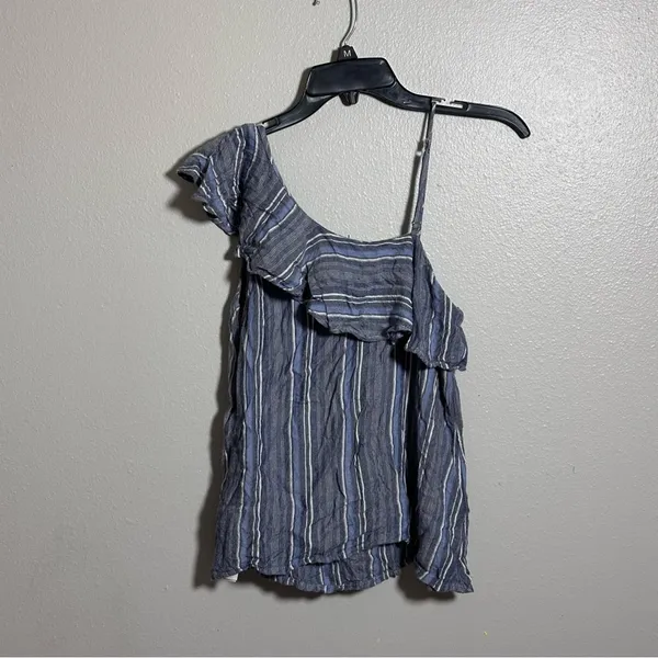 Hollister Women Blue Striped One-Shoulder‎ Blouse Ruffle size S - Image 5