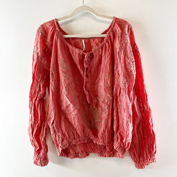 Free People Maria Long Sleeve Cotton Tie Neck Embroidered Blouse Coral Red M - Image 2